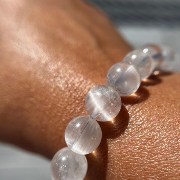 Ultra-High Quality Cats Eye Flash Rare White Topaz Bracelet, 10mm for Joy, Abundance and Relaxation, Only One