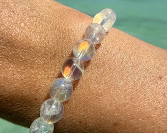 Pulseira de Pedra da Lua Arco-Íris de Madagascar de Qualidade de Coleção, 7,5 mm, 8 mm ou 8,5 mm