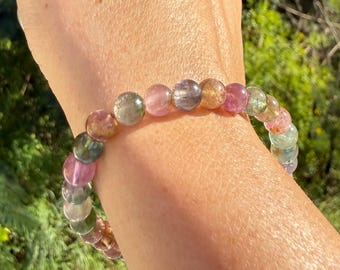 Ultra High Quality, Bi Color Garden Tourmaline Bracelet, 6mm beads