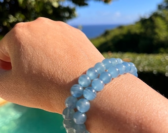 Pulsera de calcita y aguamarina lemuriana de ónix argentino azul de altísima calidad, cuentas de 8 mm o 8,5 mm