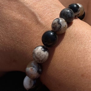 High Quality Rare Black Flower Agate Bracelet 7mm, 7.5mm, 8mm, 9.5mm or 12.5mm for Growth, Pursuit of Dreams and Transformation