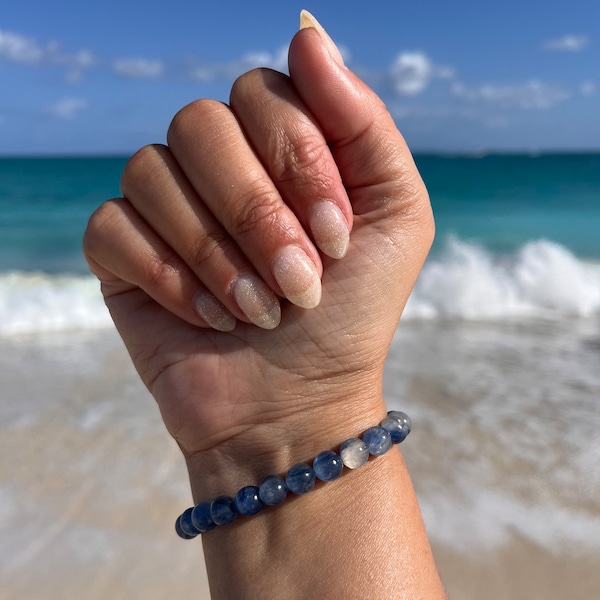 Ultra High Quality Blue Kyanite in Quartz Bracelet 11mm, 9.5mm, 8mm or 7.5mm for Balance, Tranquility, Anger and Pain