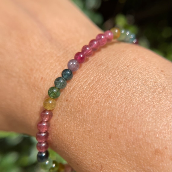 Very High Quality Translucent Rainbow Tourmaline Skinny  18K Gold Natural Multi-Color Tourmaline Bracelet – 8.5 mm Premium Beads main image 0