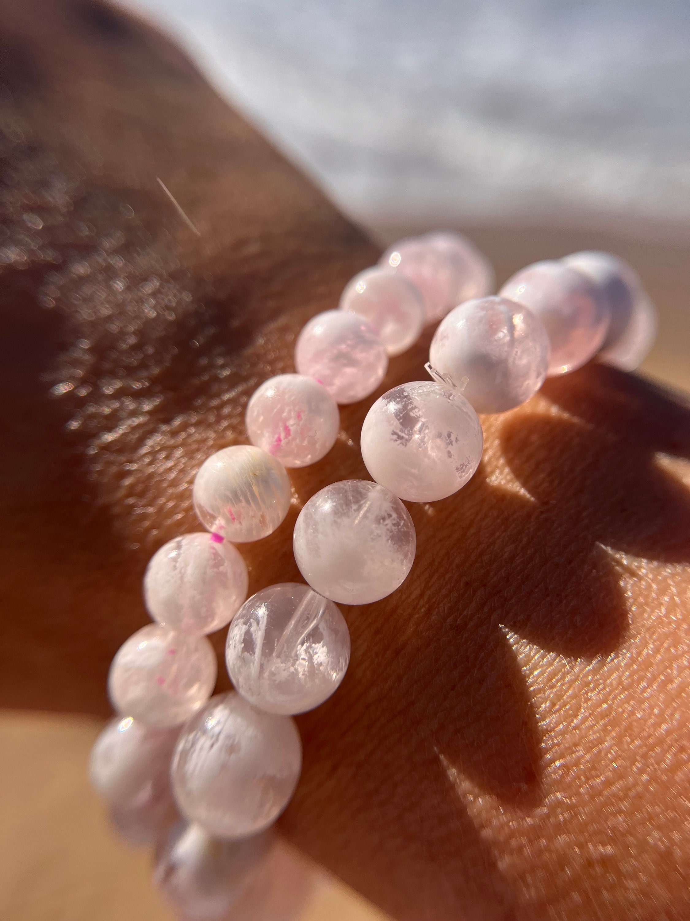 Ultra High Quality Snowflake Garden Rose Quartz Bracelet, 14mm