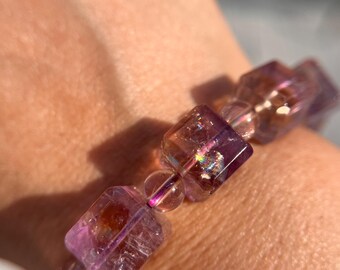 High Quality Ametrine Cube Bracelet with Rainbows, 11mm width