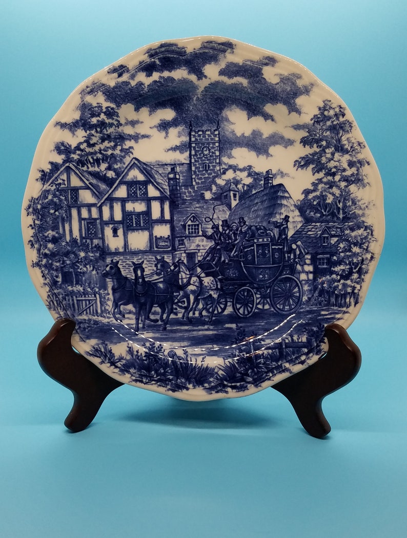 Oxford Vitramik Dinner Plates Blue White Stagecoach Made in Etsy