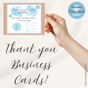 May include: A business card design with a light brown border and a white interior. The card features watercolor blue accents and the text "Thank you for your purchase!" and "Thank you Business Cards!" The words "Instant Download" are also visible.
