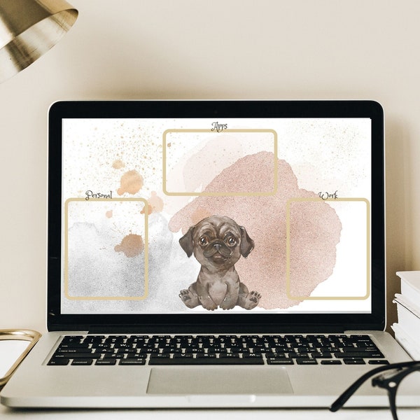 Desktop Organizer Hund, Desktop Tapete minimalistisch, Computer Tapete, Computer Zubehör, Mac Wallpaper Mops, Desktop Hintergrund rosa gold