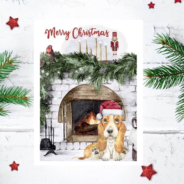 Basset Hound Weihnachten Aquarell Bild, Basset Poster Weihnachten, Hund Weihnachten Karte, Weihnachtskarte Basset Hound romantisch