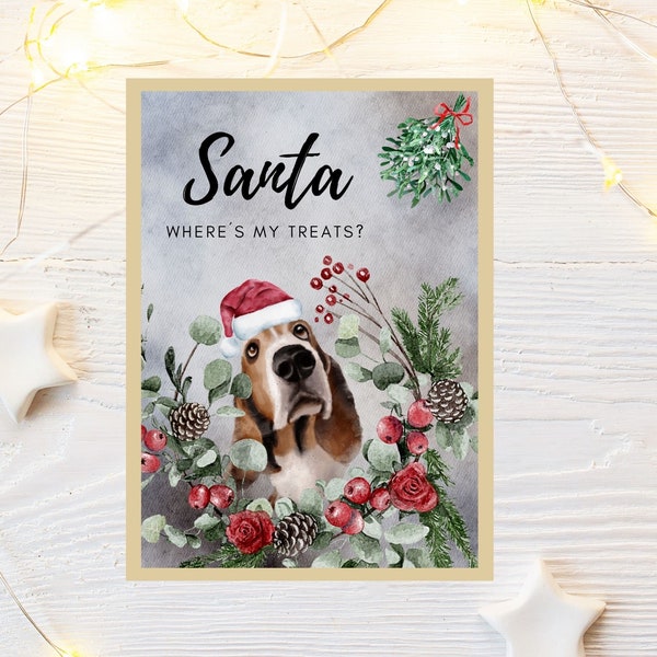 Basset Hound Weihnachten, Weihnachtsgeschenk Basset Hound, Basset Hound Poster, Basset Hound Aquarell weihnachtlich, Hund Weihnachten