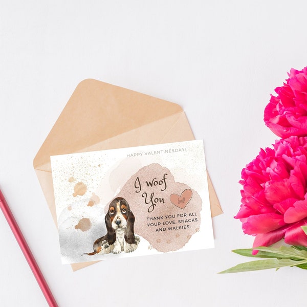 Valentinstagskarte Basset Hound, Hund Valentinstag, Basset Hound Karte, Aquarell Karte Hund, Geschenk Valentinstag Hund, Dankeskarte