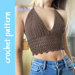 May include: A brown crochet halter top with a deep V-neckline and a scalloped hem. The top is worn over blue jeans. The text "@loops_by_liv" is visible in the top left corner of the image.
