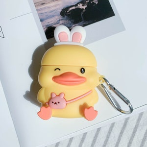 Leuke Koreaanse gele eend AirPod cases met sleutelhanger - siliconen beschermende draagtas voor Apple AirPods 1/2