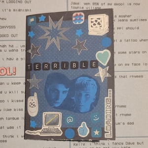 May include: A blue collage with the word "TERRIBLE" in black letters. It features images of two faces, stars, a computer, and digital stickers. The word "LOADING..." is also visible, with a retro aesthetic.