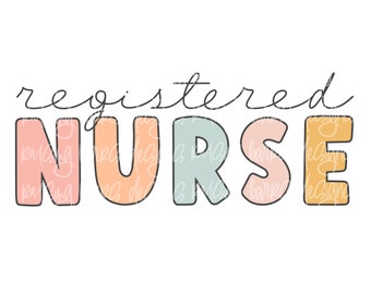 Peut inclure: Un design graphique coloré avec le texte "registered NURSE" dans une police de caractères ludique. Les lettres sont soulignées en noir et remplies de différentes couleurs pastel.