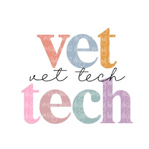 May include: A colorful graphic design with the text "vet tech" in a stylized font. The letters are filled with different patterns and colors, including pink, orange, blue, and purple.