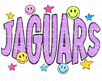 Op de afbeelding: Paarse en zwarte grafiek met het woord "JAGUARS" in grote, vetgedrukte letters. De grafiek is omringd door gele, blauwe, roze en rode sterren en smiley-gezichten.