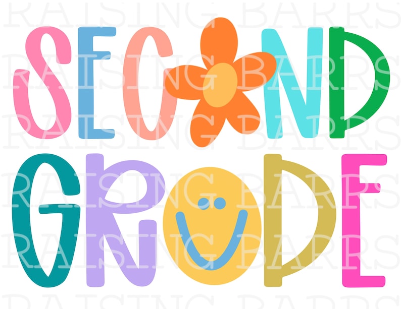 Peut inclure: Graphique color&eacute; avec les mots "SECOND GRADE" en grandes lettres ludiques. Les lettres sont de couleurs vives, notamment rose, bleu, orange, vert, violet et jaune. Une fleur et un smiley sont int&eacute;gr&eacute;s au design.