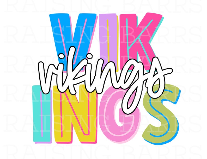 May include: Colorful graphic design with the word "vikings" in white lettering. The letters are in various colors, including blue, pink, yellow, and green.