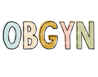 Könnte beinhalten: Ein farbenfrohes Grafikdesign des Wortes "OBGYN" mit jedem Buchstaben in einer anderen Pastellfarbe.
