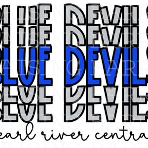 May include: Blue Devils graphic with the words "Blue Devils" in blue and white text with the words "Pearl River Central" in black text below.