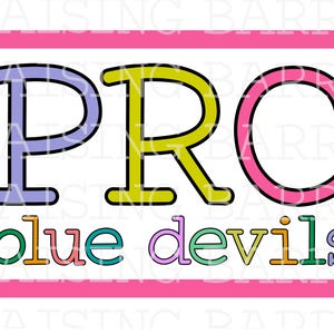 May include: A graphic design with the letters "PRC" in purple, yellow, and pink, outlined in black. Below, the words "blue devils" are in various colors. The design is framed by two pink horizontal bars on a white background.
