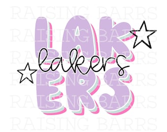 May include: Purple, pink, and blue layered text that reads "LAKERS" with a black outline and a black cursive "lakers" underneath. Two black stars with white interiors are on either side of the text.