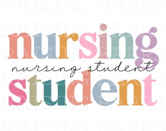 Puede incluir: Diseño gráfico con las palabras "nursing student" en letras coloridas de estilo retro. La palabra "nursing" es más grande y está apilada encima de la palabra "student". El texto está en varios colores pastel.