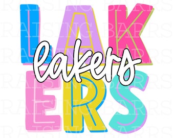 May include: A colorful graphic design featuring the word "LAKERS" in large, block letters. The letters are in various bright colors, including blue, pink, yellow, and teal, with a white cursive "lakers" overlay. The design is on a white background.