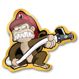 May include: A cartoon monkey wearing a red firefighter hat and holding a white hose with a black nozzle. The monkey has an angry expression and is set against a yellow background.