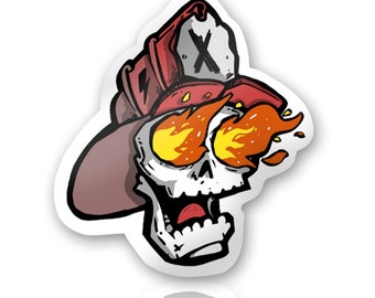 May include: A cartoon skull wearing a red firefighter hat with a white lightning bolt and the letter 'X' on it. The skull has flames coming out of its eye sockets.