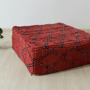 Vintage Red Pouf, Handmade Kilim Floor Cushion, Square Moroccan Berber Floor Pouf, Boho Ottoman Pouf Cushion, Vintage Red Unstuffed Pouf