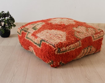 Moroccan Orange Kilim Floor Poof, Vintage Orange Floor Pillows, Unstuffed Square Pouf, Berber Pouf, Moroccan Kilim Orange Pouf