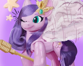 May include: A digital illustration of a pony with purple hair and a pink body, winking. The pony wears a gold crown and holds a gold microphone. Two yellow stars are next to the pony's head, and a large white fluffy cloud is behind the pony.