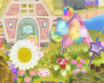 May include: A whimsical illustration of a colorful scene featuring a house, balloons, flowers, and a star-shaped wand. The artwork has a soft, painterly style with pastel colors, creating a cheerful and inviting atmosphere. The scene is reminiscent of a fairy tale.