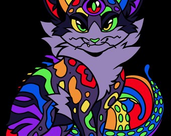 May include: A colorful, cartoon cat with a third eye and rainbow-colored fur. The cat has a curled tail with green and red spots.