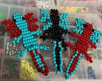 Scenecore Decora Red and Cyan OOAK Handmade Large Bead Axolotl Keychain