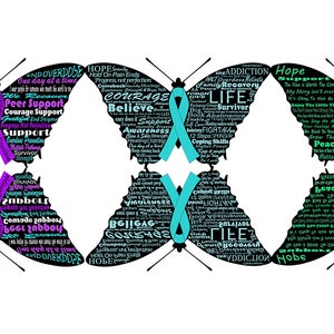 May include: A row of ten colorful butterfly designs with words and ribbon accents. Each butterfly is a different color, including purple, red, teal, turquoise, green, and black. The butterflies are arranged in a row, with the wings of each butterfly overlapping the wings of the butterfly next to it.