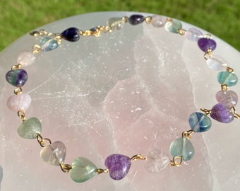 Fluorite Crystal Hearts Choker to Necklace, 14.5 to 17.5 inches with 3 inch 18k Gold-Plated Extension, Tarnish Resistant, Gemstone Chain