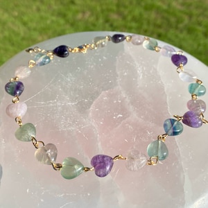 Fluorite Crystal Hearts Choker to Necklace, 14.5 to 17.5 inches with 3 inch 18k Gold-Plated Extension, Tarnish Resistant, Gemstone Chain