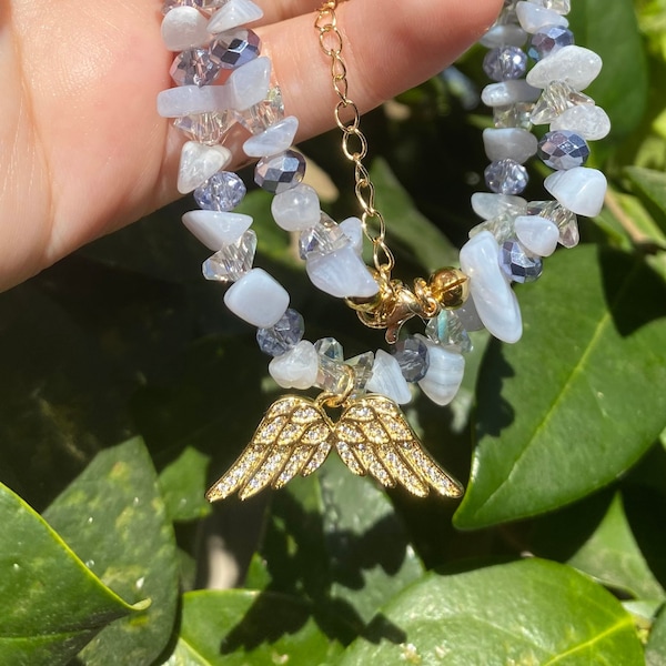 Blue Lace Agate Crystal Necklace, 14k Gold Filled Angel Wings Pendant, 16 inches with 2 inch 14k Gold-Plated Extension