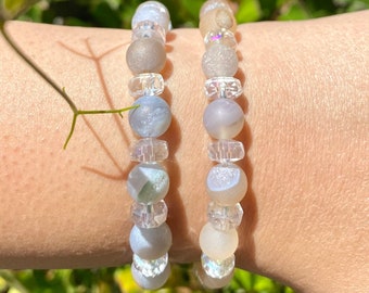 Druzy Agate Beaded Bracelet, Druzy Crystal Jewelry, Suncatcher Beads Bracelet, 7 inch Strong Stretchy Bracelet