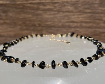 Black Tourmaline Crystal Chain Choker Necklace, 14 inch to 17 inch Tarnish Resistant Wire Necklace with a 3 inch 18k Gold-Plated Extension