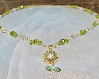 Green Peridot Crystal Choker to Necklace, 14k Gold Filled Sunflower Pendant, 14 inches with 3 inch 18k Gold-Plated Extension