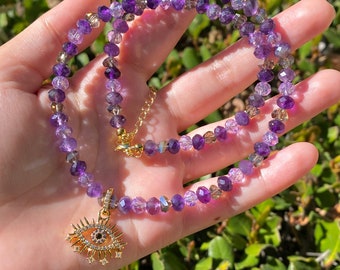 Amethyst Crystal Necklace, 18k Gold Plated Evil Eye Pendant, 16 inches with 2 inch 14k Gold-Plated