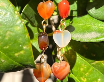 Carnelian Crystal Heart Shaped Drop Earrings, 14k Gold Plated  Earrings, Tarnish Resistant Wire, Red Orange Gemstone, Gift for Her