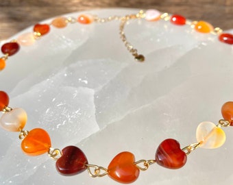 Carnelian Crystal Hearts Choker to Necklace, 14 to 22 Inch Adjustable Chain with 3 inch 18k Gold-Plated Extension, Tarnish Resistant