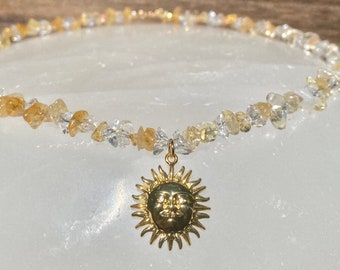 Citrine Crystal Necklace, 18k Gold Plated Sun Pendant, 16 inches with 2 inch 14k Gold-Plated Extension
