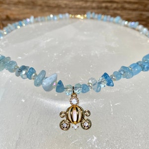Aquamarine Crystal Necklace, 18k Gold Plated Carriage Pendant, 16 inches with 2 inch 14k Gold-Plated