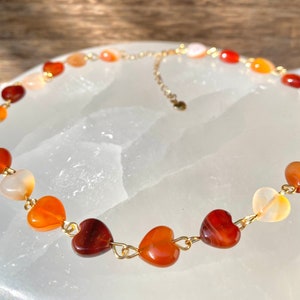 Carnelian Crystal Hearts Choker to Necklace, Adjustable Chain with 3 inch 18k Gold-Plated Extension, Tarnish Resistant, Mother's Day Gift